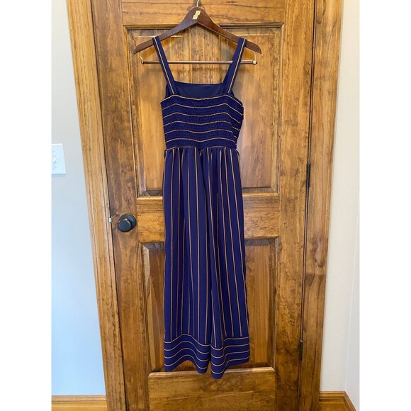 Japna Womens Jumpsuit Size Medium w/ Smocking on Top Back Navy w/ Stripes - Picture 1 of 9